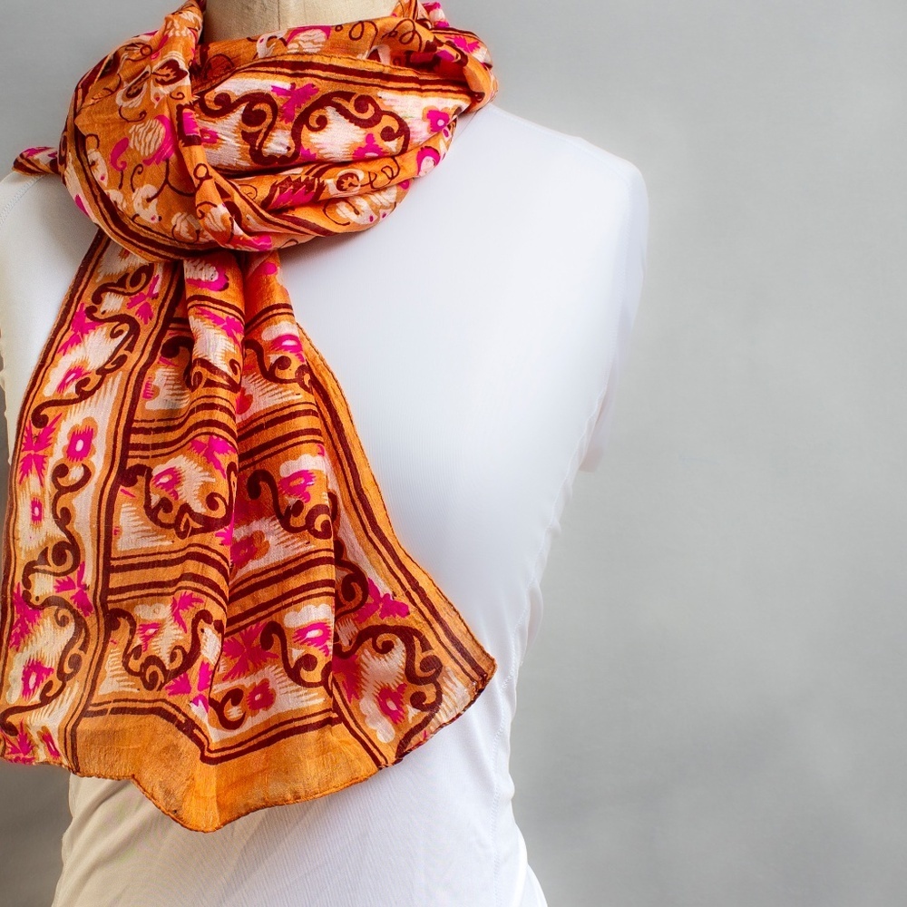 Vintage Silk Boho Hair Scarf | 1970s Long Silk Scarf | Vibrant Colors